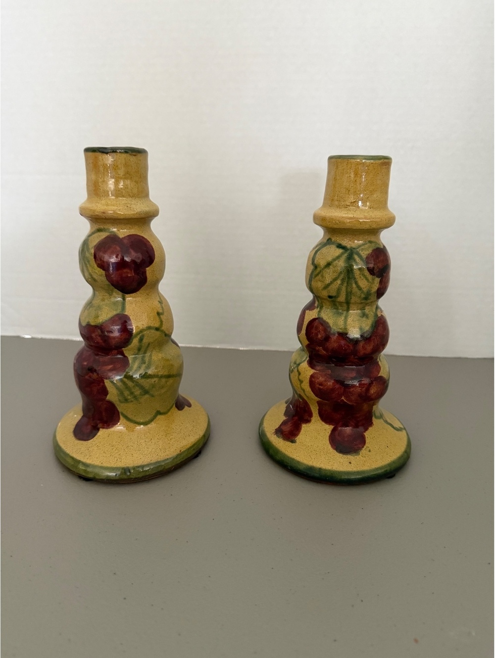 Vintage Mexican Pottery Grape Candlesticks Set of 2 Hand Painted 7.5”